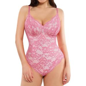 imagePopilush Shapewear Bodysuit V Neck Tummy Control Backless Lace Tank Tops Sleeveless Thong BodysuitPink