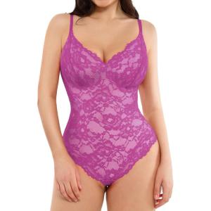 imagePopilush Shapewear Bodysuit V Neck Tummy Control Backless Lace Tank Tops Sleeveless Thong BodysuitPurple