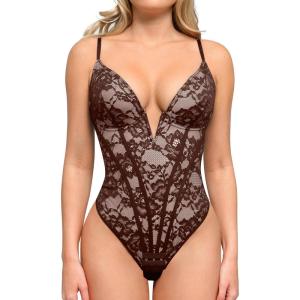 imagePopilush Shapewear Bodysuit for Women Deep V Neck Sleeveless Lace Corset Bodysuits Tummy Control Tank TopsBrown