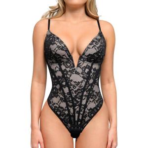 imagePopilush Shapewear Bodysuit for Women Deep V Neck Sleeveless Lace Corset Bodysuits Tummy Control Tank TopsDark Black