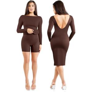 imagePopilush Shapewear Cocktail Dress Backless Shaper Dress with Built in Shapewear Long Sleeve Cocktail Dresses for WomenBrown