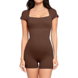imagePopilush Shapewear Rompers for Women Short Sleeve Bodycon Jumpsuit Stretchy Square Neck Seamless PlaysuitBrown