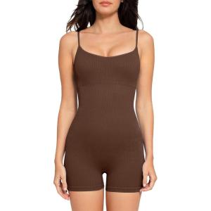 imagePopilush The Shapewear Jumpsuits for Women Sleeveless Adjustable Short Rompers Tummy Control Bodysuits Gym Yoga Fashion 2024Brown