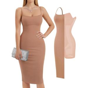 imagePopilush Womens Summer Shapewear Dress  Bodycon Cocktail Graduation Party Midi Dresses with Builtin BraBrown