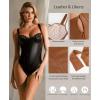 imagePopilush Leather Body Suits for Womens  Tummy Control Shapewear Bodysuits Lace Faux Leather Thong Corset TopsBrown