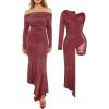 imagePopilush Sparkly Dresses for Women Long Sleeve Off The Shoulder Cocktail Dresses Bodycon Shapewear Mermaid DressRed