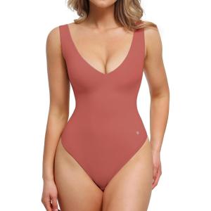 imagePopilush Body Suits for Women  Going Out Tank Tops  Plunge Deep V Neck Backless Sleeveless Tummy Control Shapewear BodysuitRusty Red