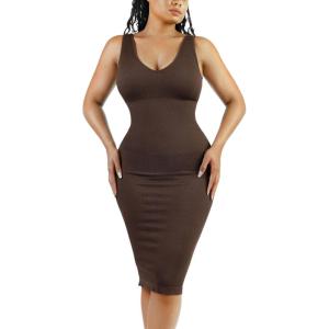 imagePopilush Bodycon Dresses for Women  Summer Causal Shapewear Midi Dress Sleeveless V Neck Party SundressesBrown
