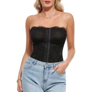 imagePopilush Corset Tops for Women  Lace Spaghetti Strap Going Out Bustier with Buckle Waist Shaper Summer SplashBlack
