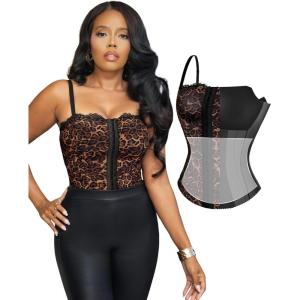 imagePopilush Corset Tops for Women  Lace Spaghetti Strap Going Out Bustier with Buckle Waist Shaper Summer SplashLeopard