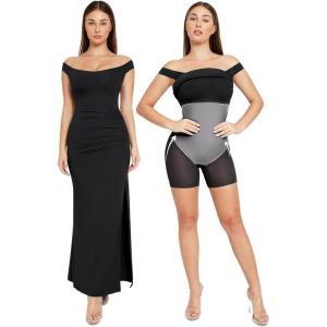 imagePopilush Formal Shapewear Dress Off Shoulder Maxi Dress with Built in Shapewear Summer Dress for Women 2024Black Off Shoulder Dress
