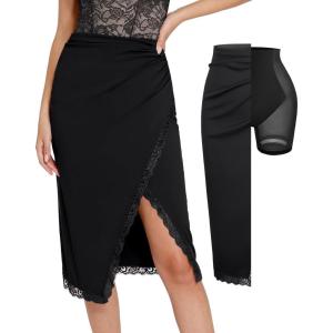 imagePopilush Midi Skirts for Women Lace Shapewear Split Satin High Waisted Bodycon Long Skirt Builtin Tummy ControlBlack