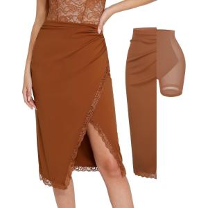 imagePopilush Midi Skirts for Women Lace Shapewear Split Satin High Waisted Bodycon Long Skirt Builtin Tummy ControlBrown