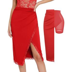 imagePopilush Midi Skirts for Women Lace Shapewear Split Satin High Waisted Bodycon Long Skirt Builtin Tummy ControlRed
