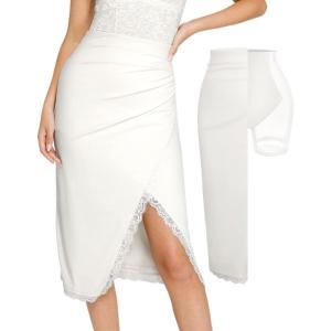 imagePopilush Midi Skirts for Women Lace Shapewear Split Satin High Waisted Bodycon Long Skirt Builtin Tummy ControlWhite