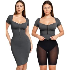 imagePopilush Shapewear Faux Denim Midi Pencil Dress  Tummy Control Jean Bodycon With Zipper for Women 2024Black Grey