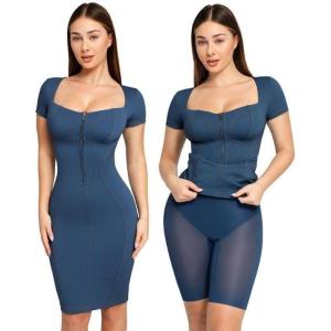 imagePopilush Shapewear Faux Denim Midi Pencil Dress  Tummy Control Jean Bodycon With Zipper for Women 2024Blue