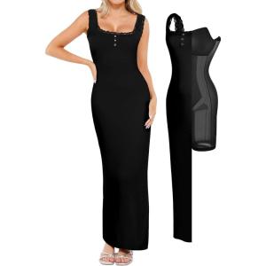 imagePopilush Shapewear Tank Dress Summer Maxi Dress Builtin Bra Square Neck Lace Trim Going Out Vacation Dresses for WomenBlack