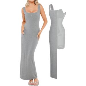 imagePopilush Shapewear Tank Dress Summer Maxi Dress Builtin Bra Square Neck Lace Trim Going Out Vacation Dresses for WomenGrey