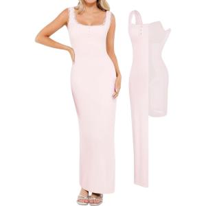 imagePopilush Shapewear Tank Dress Summer Maxi Dress Builtin Bra Square Neck Lace Trim Going Out Vacation Dresses for WomenPink