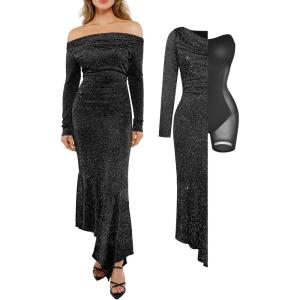 imagePopilush Sparkly Dresses for Women Long Sleeve Off The Shoulder Cocktail Dresses Bodycon Shapewear Mermaid DressBlack