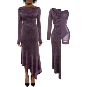 imagePopilush Sparkly Dresses for Women Long Sleeve Off The Shoulder Cocktail Dresses Bodycon Shapewear Mermaid DressPurple