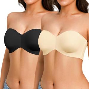 imagePopilush Strapless Bras for Women Push Up Bralettes Minimizer Unlined Underwire Bandeau TShirt Bras  2 Pack Bright Ube  Black 36C