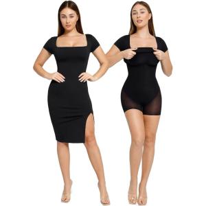 imagePopilush Summer Cocktail Midi Dresses for Women Shapewear Bodycon Short Sleeve Square Neck DressBlack