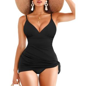 imagePopilush Tummy Control Swimsuits for Women One Piece Ruched Shapewear Swim Dress Split Bathing SuitBlack