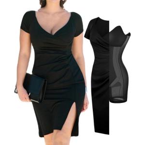 imagePopilush Womens Shapewear Midi Dress Ruched Bodycon Pencil Dresses Built in Bra Work Wedding Guest CocktailBlack