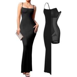imagePopilush Summer Black Maxi Dress Bodycon Ribbed Cocktail Spaghetti Strap Shapewear Dresses Party LongBlack