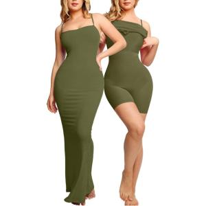 imagePopilush Summer Black Maxi Dress Bodycon Ribbed Cocktail Spaghetti Strap Shapewear Dresses Party LongGreen