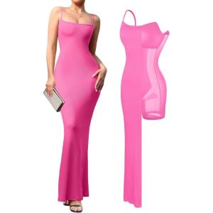 imagePopilush Summer Black Maxi Dress Bodycon Ribbed Cocktail Spaghetti Strap Shapewear Dresses Party LongPink