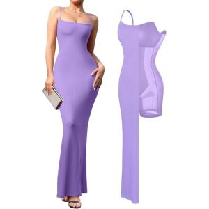 imagePopilush Summer Black Maxi Dress Bodycon Ribbed Cocktail Spaghetti Strap Shapewear Dresses Party LongPurple