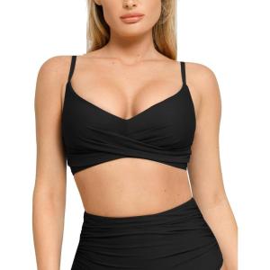 imagePopilush Bikini Top for Women  Twist Front V Neck Push Up Padded Swim Top with Adjustable Straps  Bathing Suit TopBlack