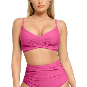 imagePopilush Bikini Top for Women  Twist Front V Neck Push Up Padded Swim Top with Adjustable Straps  Bathing Suit TopPink