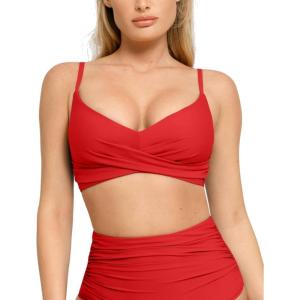 imagePopilush Bikini Top for Women  Twist Front V Neck Push Up Padded Swim Top with Adjustable Straps  Bathing Suit TopRed