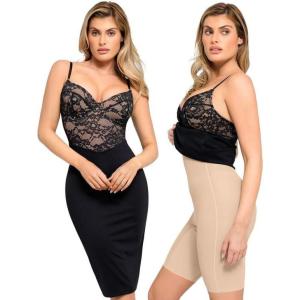 imagePopilush Lace Midi Dress Shapewear Dresses for Women VNeck Slip Adjustable Straps Bodycon Slip with UnderwireBlack