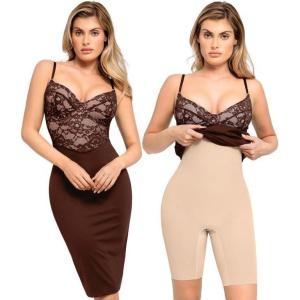 imagePopilush Lace Midi Dress Shapewear Dresses for Women VNeck Slip Adjustable Straps Bodycon Slip with UnderwireBrown