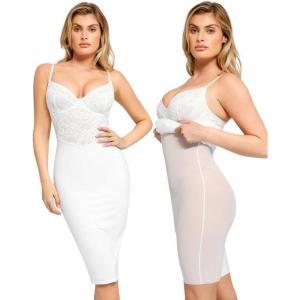 imagePopilush Lace Midi Dress Shapewear Dresses for Women VNeck Slip Adjustable Straps Bodycon Slip with UnderwireWhite