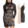 imagePopilush Lace Cocktail Dresses for Women  Shapewear Long Sleeve Sheer Wedding Guest Dress Two Piece Club OutfitsSkin