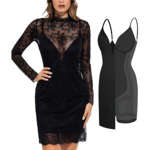 imagePopilush Lace Cocktail Dresses for Women  Shapewear Long Sleeve Sheer Wedding Guest Dress Two Piece Club OutfitsBlack