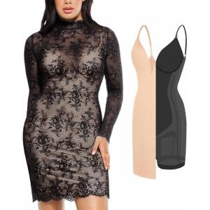imagePopilush Lace Cocktail Dresses for Women  Shapewear Long Sleeve Sheer Wedding Guest Dress Two Piece Club OutfitsSkin