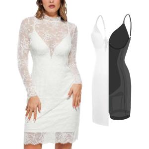 imagePopilush Lace Cocktail Dresses for Women  Shapewear Long Sleeve Sheer Wedding Guest Dress Two Piece Club OutfitsWhite
