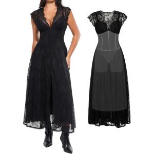imagePopilush Evening Dresses Lace Formal Mother of Bride Maxi Dresses for Women V Neck Shapewear Wedding Dress SplitBlack