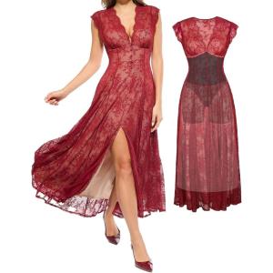 imagePopilush Evening Dresses Lace Formal Mother of Bride Maxi Dresses for Women V Neck Shapewear Wedding Dress SplitRed