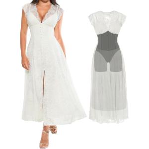 imagePopilush Evening Dresses Lace Formal Mother of Bride Maxi Dresses for Women V Neck Shapewear Wedding Dress SplitWhite