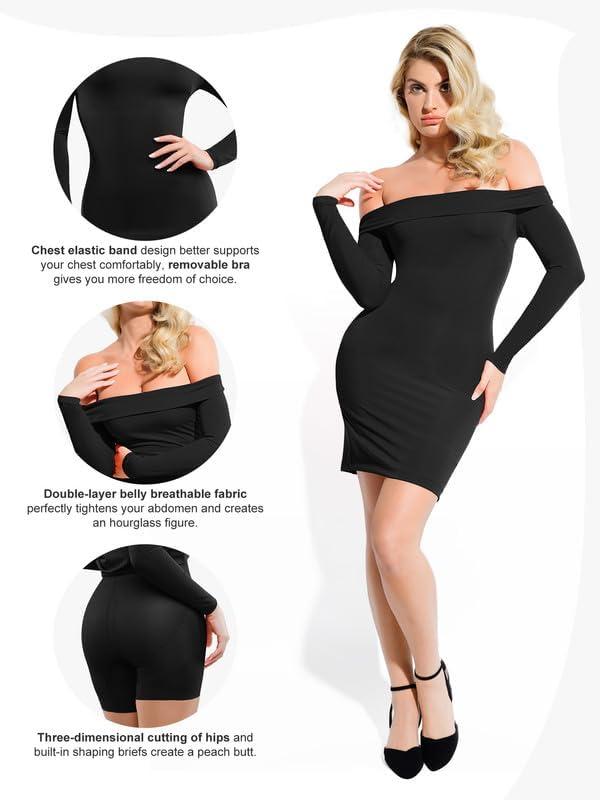 imagePopilush Shapewear Dress Off Shoulder Bodycon Mini Dress with Built in Shapewear Long Sleeve Dresses for Women 2024Black