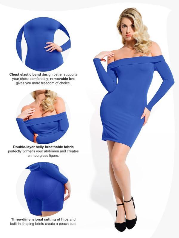 imagePopilush Shapewear Dress Off Shoulder Bodycon Mini Dress with Built in Shapewear Long Sleeve Dresses for Women 2024Blue