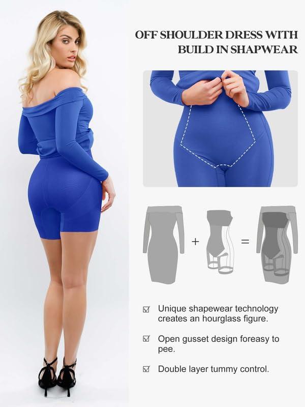 imagePopilush Shapewear Dress Off Shoulder Bodycon Mini Dress with Built in Shapewear Long Sleeve Dresses for Women 2024Blue